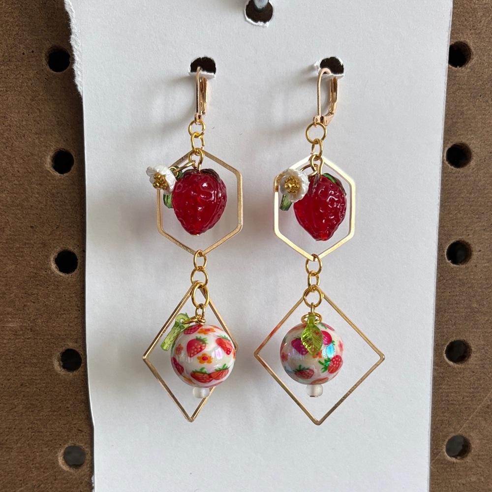 Gold-Tone Strawberry Drop Earrings with Floral Bead